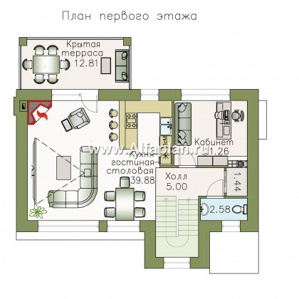 «Альпина» - проект двухэтажного дома, с мансардой и с гаражом на 1 авто и сауной в цоколе - превью план дома