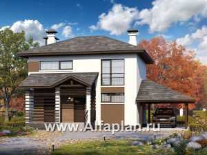 Проекты домов Альфаплан - Кирпичный дом «Панорама» с гаражом навесом - превью основного изображения
