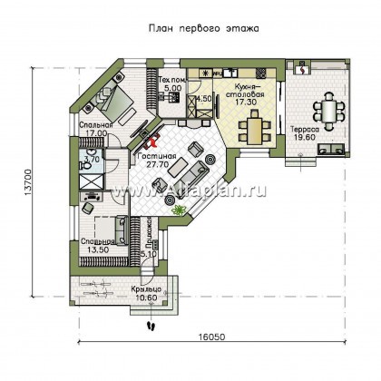 Проекты домов Альфаплан - "Ореол" - проект углового одноэтажного дома с террасой - превью плана проекта №1