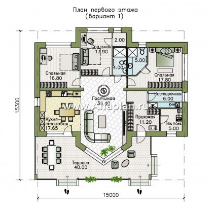 «Вектор» - проект одноэтажного дома, планировка дома с эркером и с террасой, с островным камином - превью план дома
