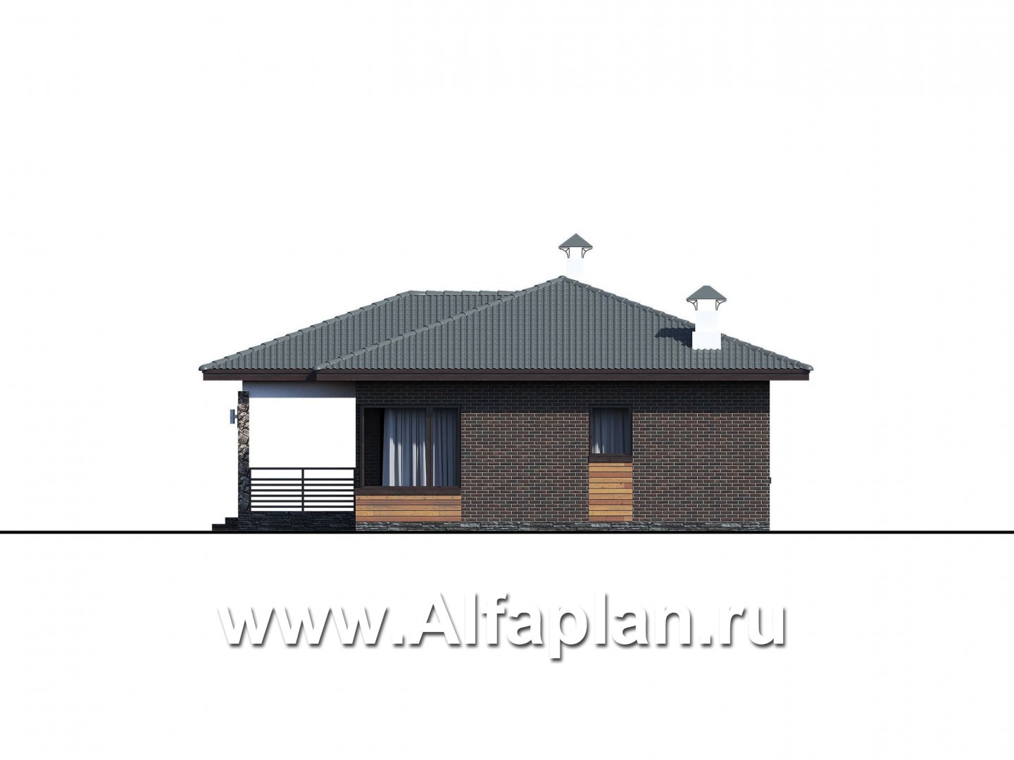 Проекты домов Альфаплан - Проект компактного одноэтажного дома с тремя спальнями - изображение фасада №4