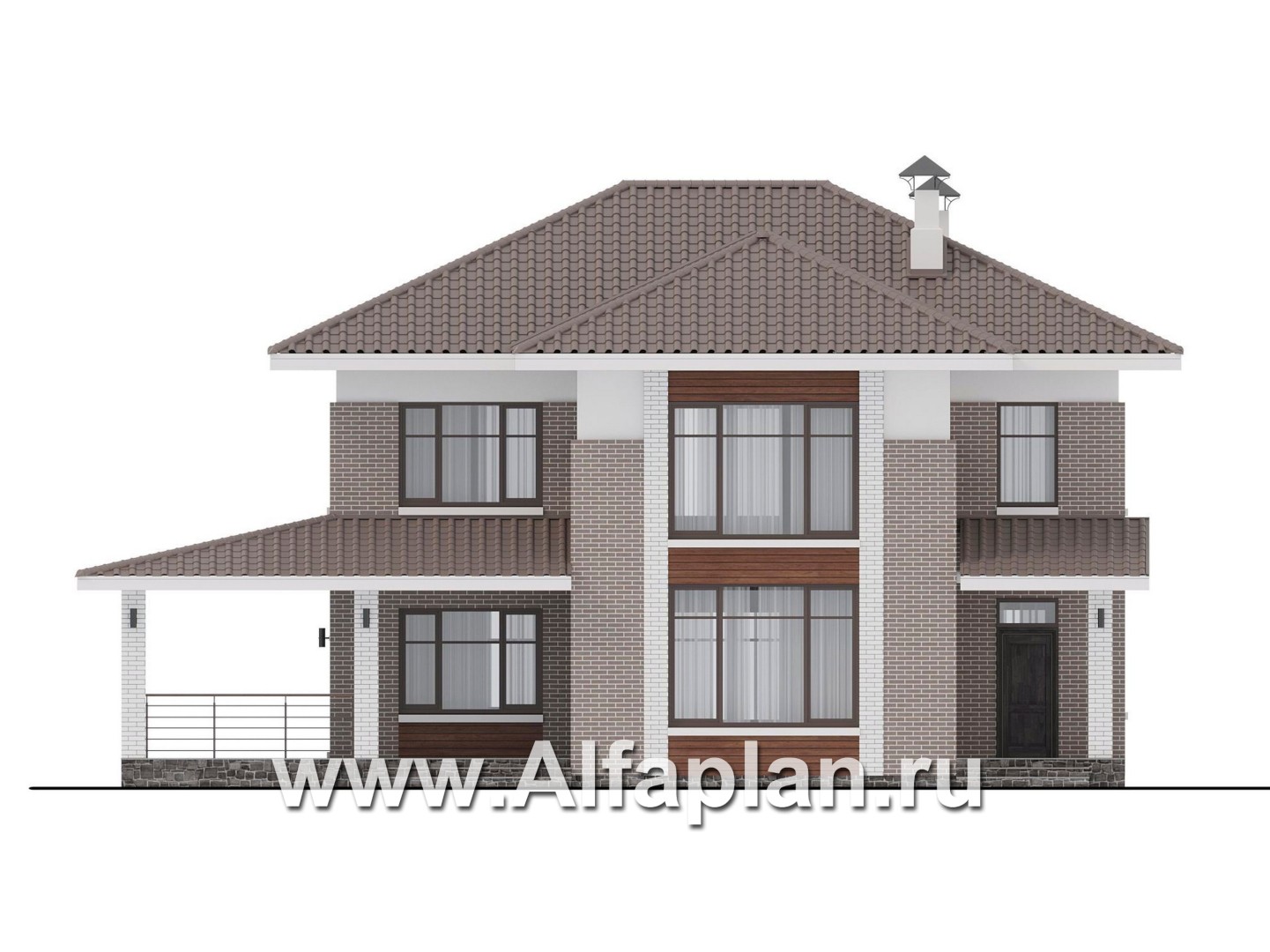 Проекты домов Альфаплан - Проект двухэтажного дома с лестницей в гостиной - изображение фасада №1