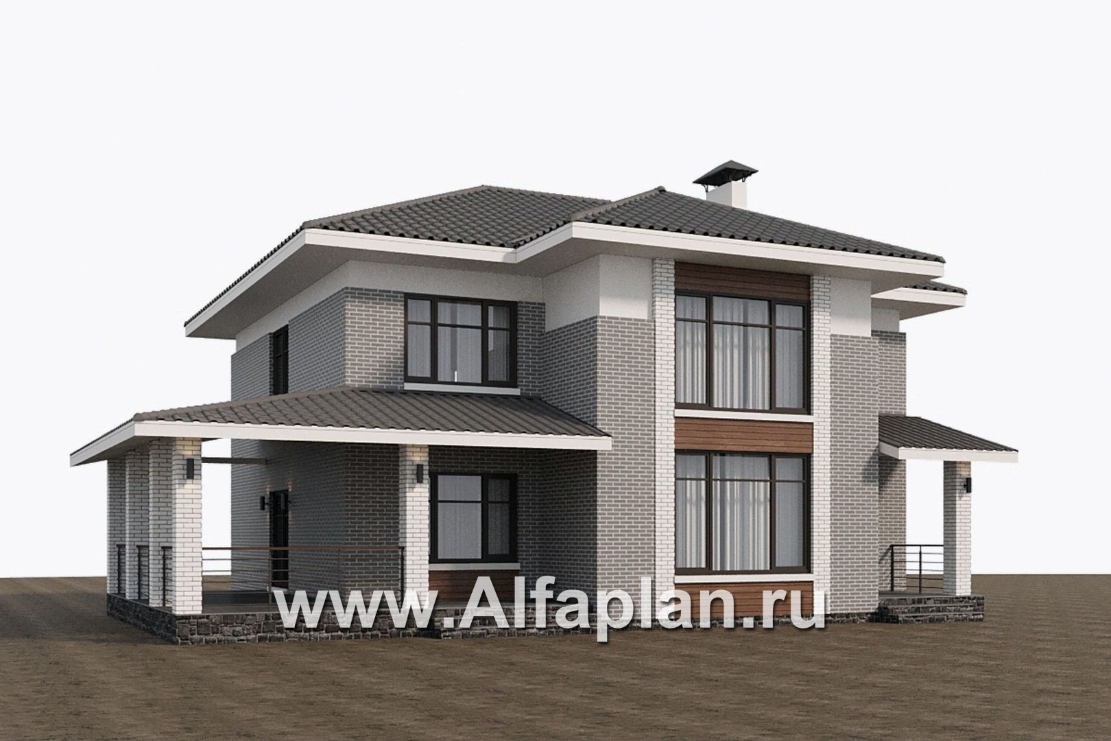 Проекты домов Альфаплан - Проект двухэтажного дома с лестницей в гостиной - дополнительное изображение №1
