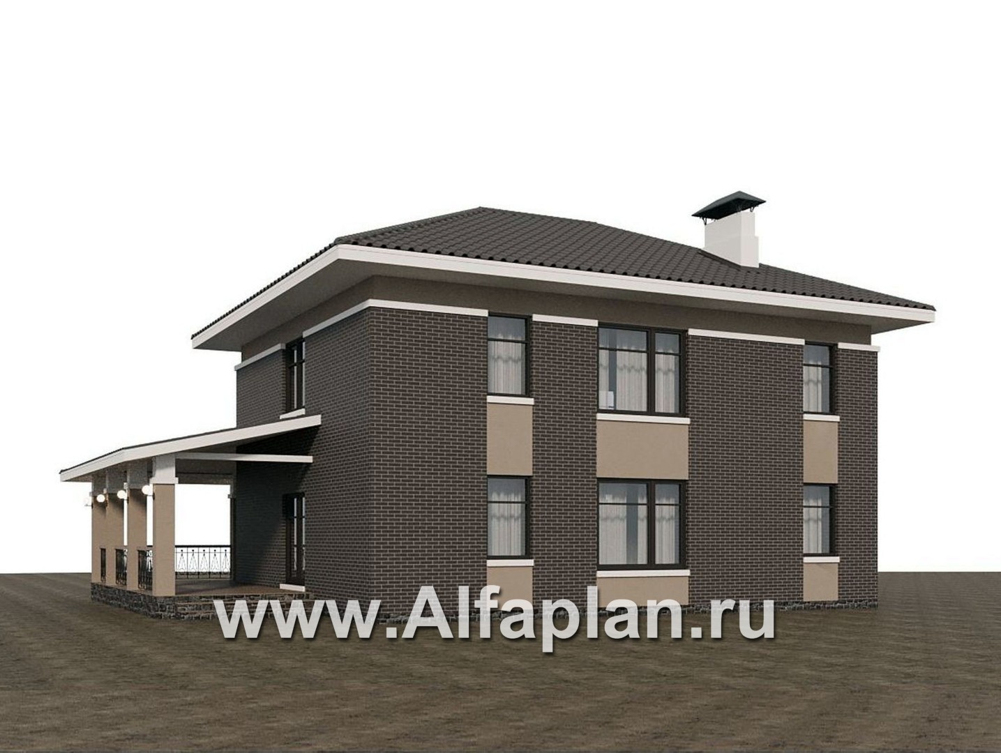 Проекты домов Альфаплан - Проект двухэтажного дома с эркером и лестницей в гостиной - дополнительное изображение №2