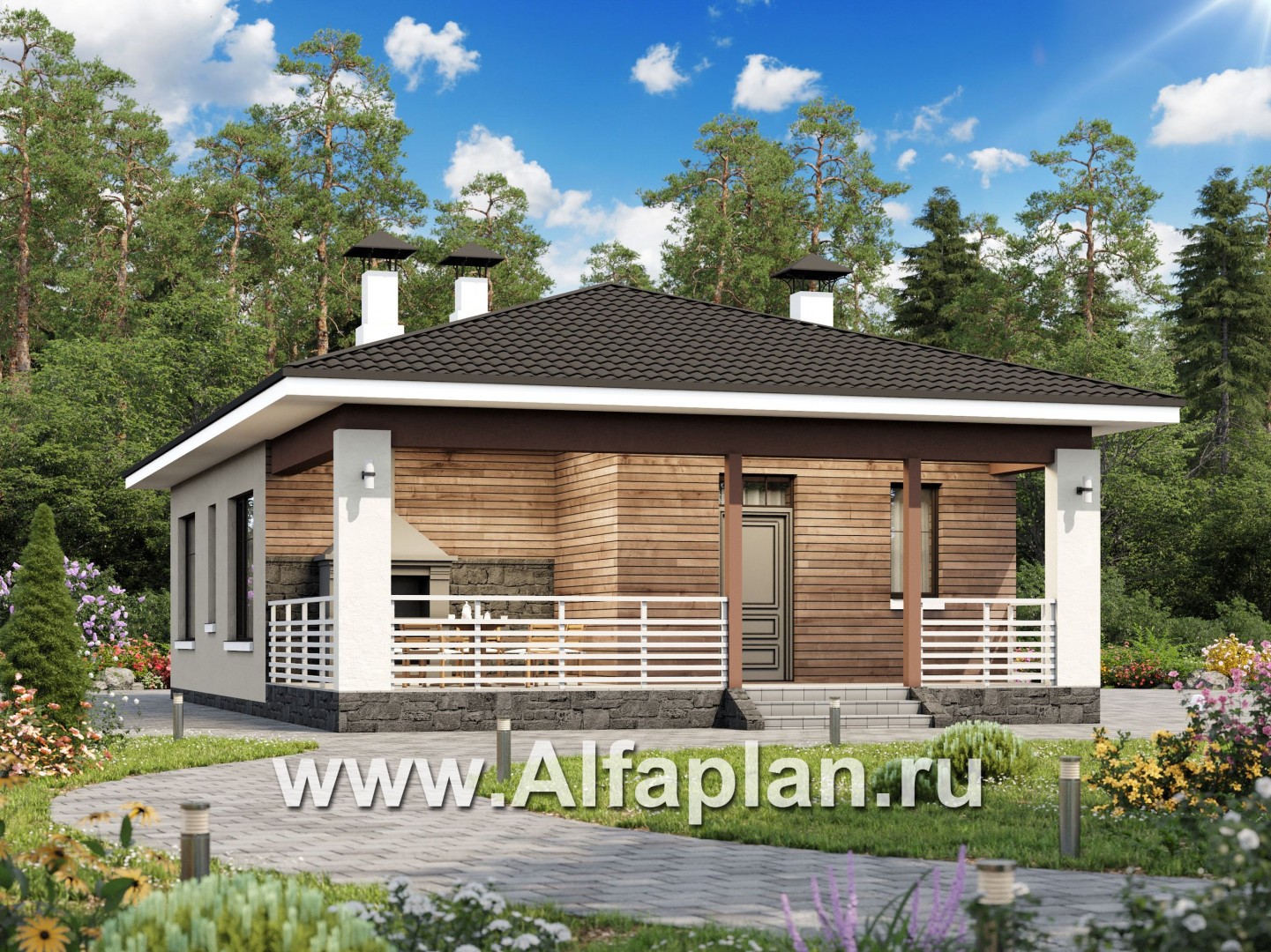 Проекты домов Альфаплан - «Мелета» - уютный одноэтажный дом с двумя спальнями - основное изображение