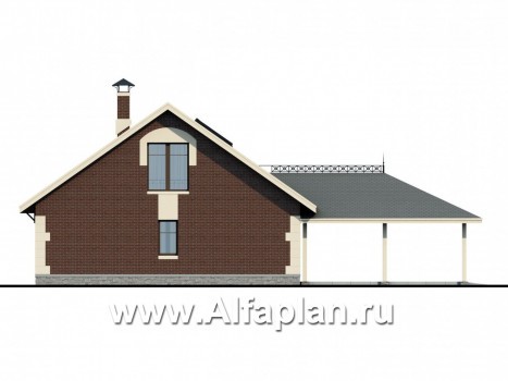 Проекты домов Альфаплан - Сауна с гостевой квартирой в мансарде и навесом на два автомобиля - превью фасада №4