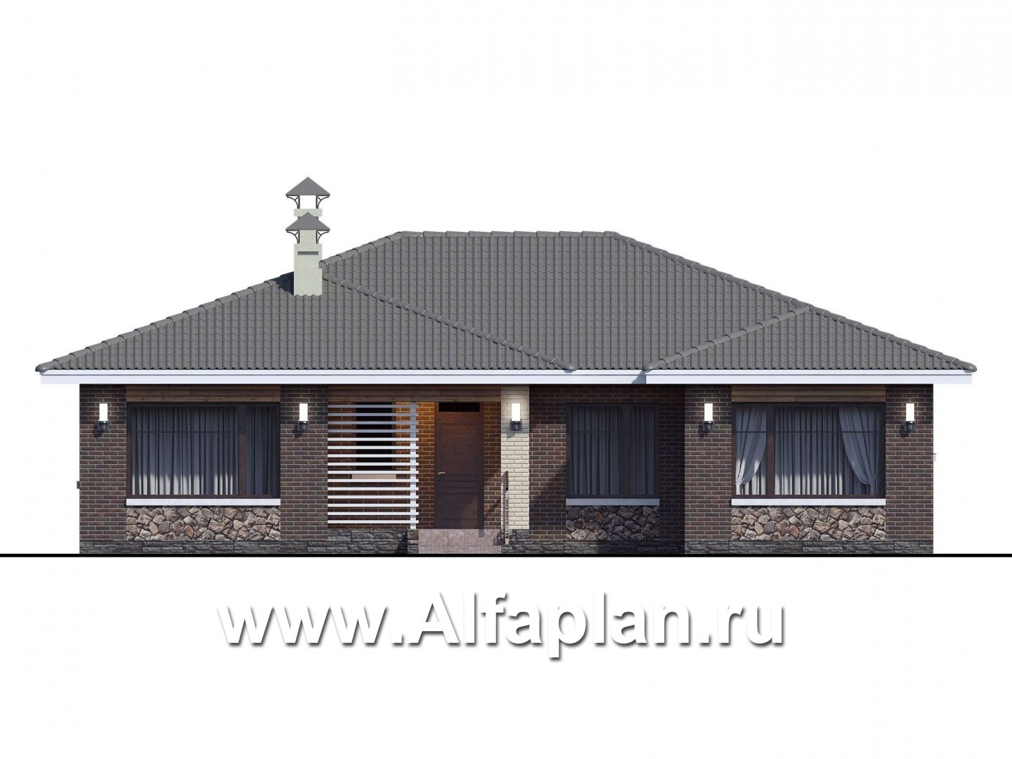 Проекты домов Альфаплан - «Леда» - одноэтажный дом с четырьмя комнатами и террасой - изображение фасада №1