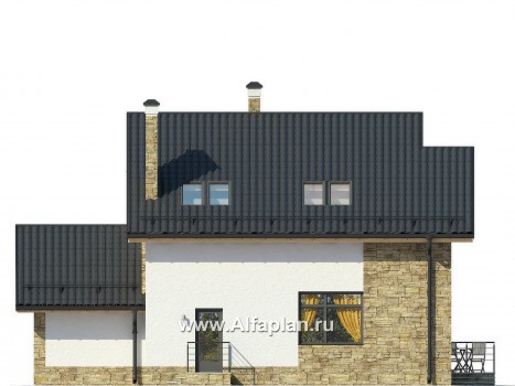 Проект дома с мансардой с фото, с кабинетом на 1 эт и сауной, с террасой, кирпичный коттедж в стиле хай-тек - превью фасада дома